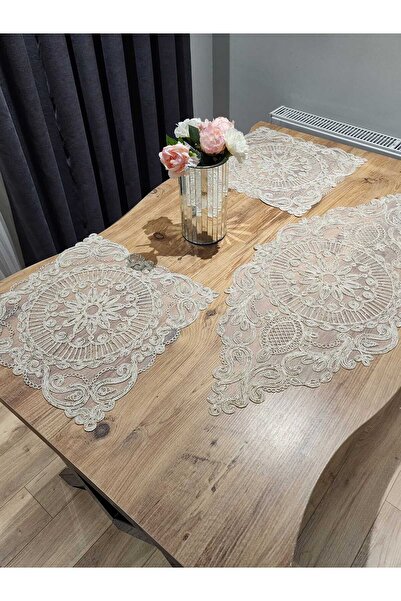 Tekstilife EV TEKSTİL 3 LÜ SET YATAK ODASI SET BEJ [sütlü kahve] LÜX DANTEL  90x40 runner 40x40 peçete [2 adet]