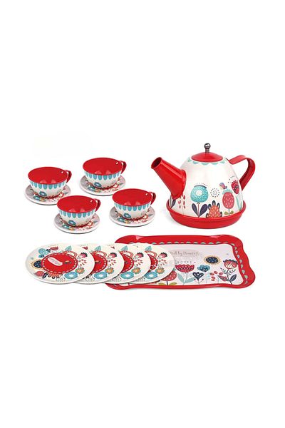 welcomein Toy Dollhouse Game Activity 15 Pieces Colorful Metal Tea Set with Flowers