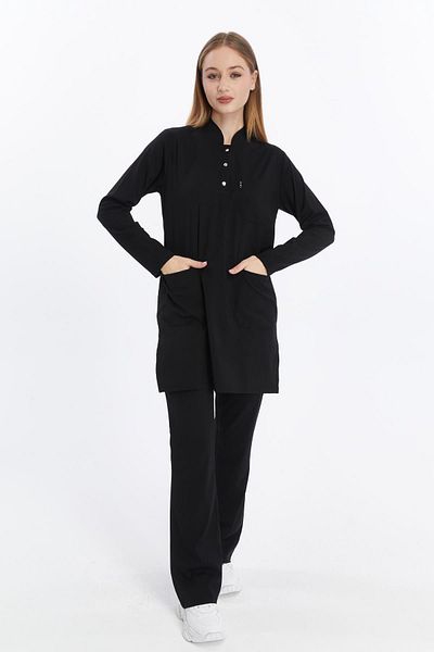 Çatı Medikal Happiness Modest - Set de uniforme pentru doctor și asistentă din lycra neagră, uniformă pentru scrub și set chirurgical