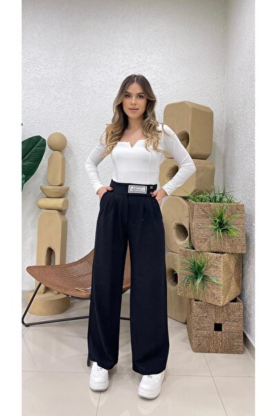 Nazline KADIN KEMER DETAYLI PİLELİ BOL PAÇA UZUN PANTALON