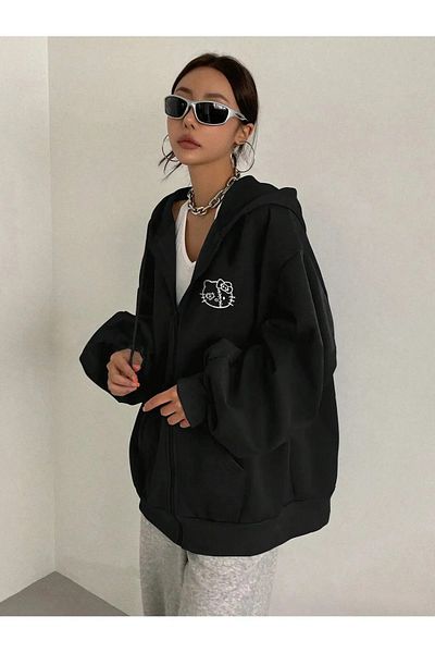 makiteks Hello Kitty Kuromi με στάμπα με κουκούλα καγκουρό με τσέπη Oversize εποχιακή φούτερ με φερμουάρ / ζακέτα