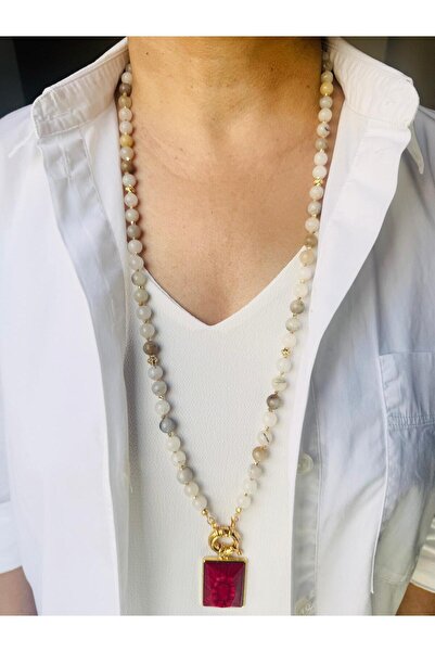 DEVİ fashion Uzun Doğal Taş Düğümlü Tasarım Kolye 80 Cm