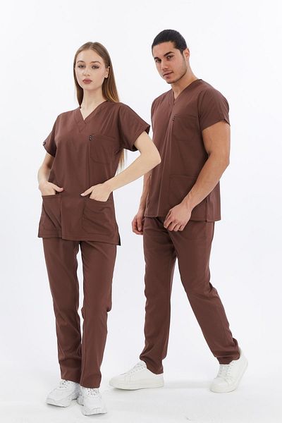 Çatı Medikal Happiness Basic - Set de tricou unisex Scrubs Lycra, ciocolată