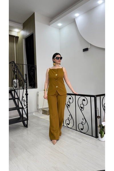 Butik Hardal yağ yeşili gold düğmeli yelek pantolon kumaş ikili takım