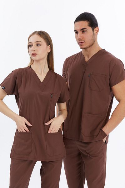 Çatı Medikal Happiness Basic - Set de tricou unisex Scrubs Lycra, ciocolată