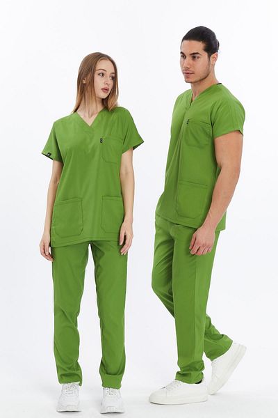 Çatı Medikal Happiness Basic - Lycra Doctor Nurse Scrubs Σετ Τζέρσεϊ, Χειρουργική Στολή (UNISEX), Φιστίκι