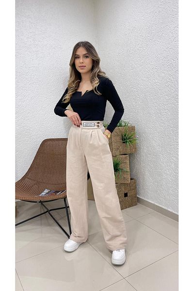 Nazline Women's Belt Detailled Pleated Wide Leg Long Pants