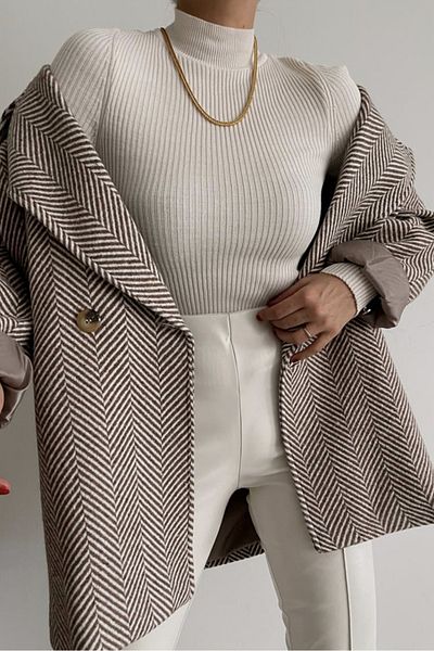 Suzi butik Hnědá krémová barva Pruhovaný vzor rybí kosti Oversize Standardní velikost Krátký kabát s podšívkou 9526