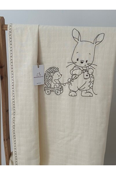 MAMARADUGA Single Layer Muslin Embroidered Stroller Cover + Stroller Cushion + Double Layer Embroidered Blanket - Cream Hedgehog-Rabbit
