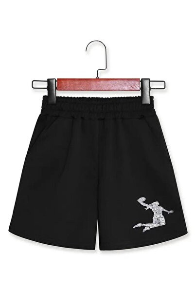 caddekombin Kadın Basketbool Adam Baskılı  Bermuda Rahat Kalıp Siyah Şort