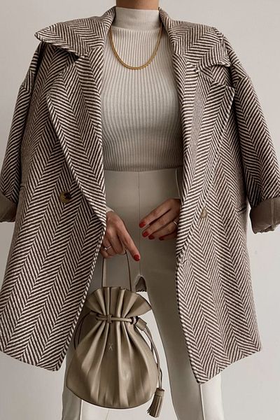 Suzi butik Hnědá krémová barva Pruhovaný vzor rybí kosti Oversize Standardní velikost Krátký kabát s podšívkou 9526