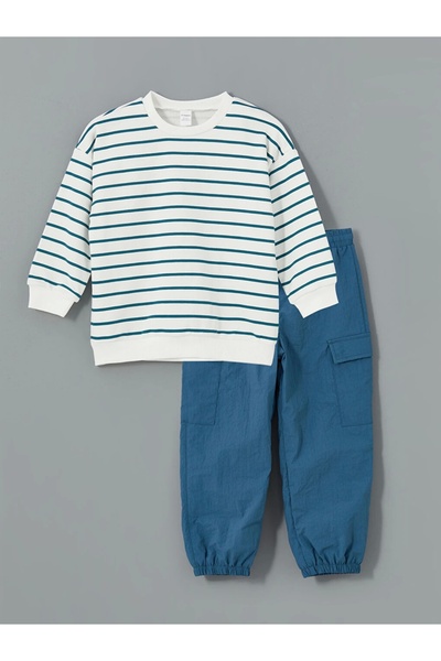 LC Waikiki Lcw Kids Petrol Crew Neck Striped Boy's Sweatshirt and Pants 2Pcs