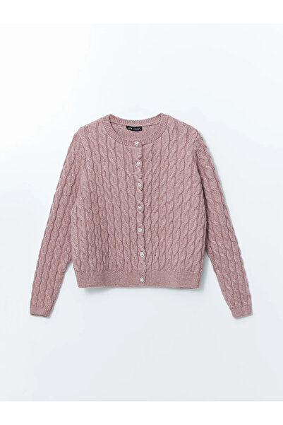 LC Waikiki Modest Pink Crew Neck Self Patterned Women's Knitwear Cardigan