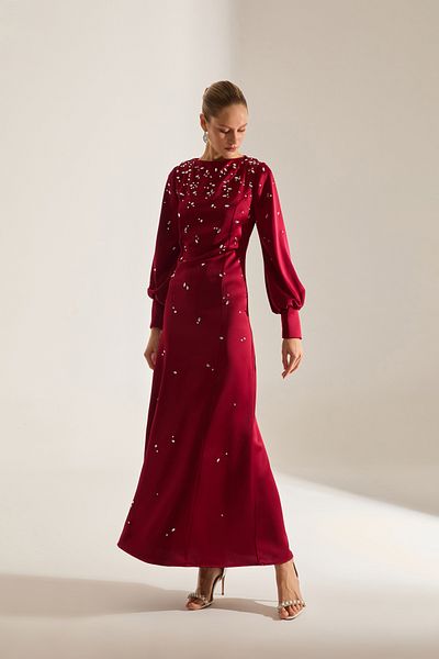BETTY & SAM Maddie Midi Long Sleeve Dark Red Evening Gown