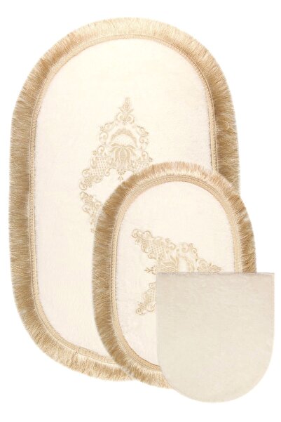 AVANTAJ Aspendos Krem 3'lü Çeyizlik Dantelli Banyo Paspası Seti Püsküllü Saça...