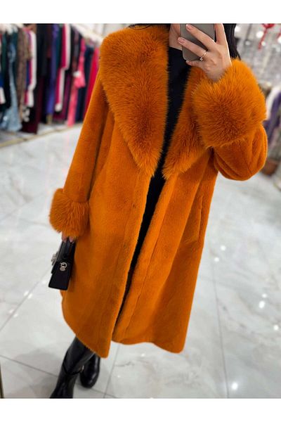 missswans Dora Long Belted Yak Sleeve Detailed Vip Imported Fur Orange