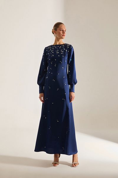 BETTY & SAM Maddie Midi Long Sleeve Dark Blue Evening Gown