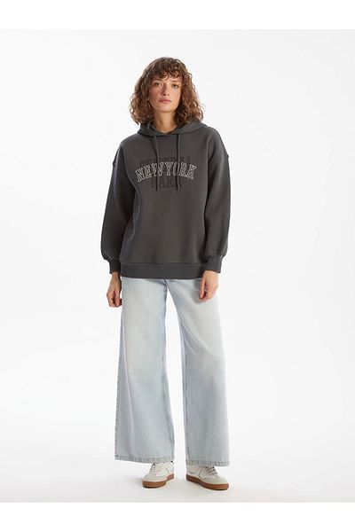 LC Waikiki Γυναικείο χοντρό φούτερ Lcw Vision Grey New York με στάμπα Oversize