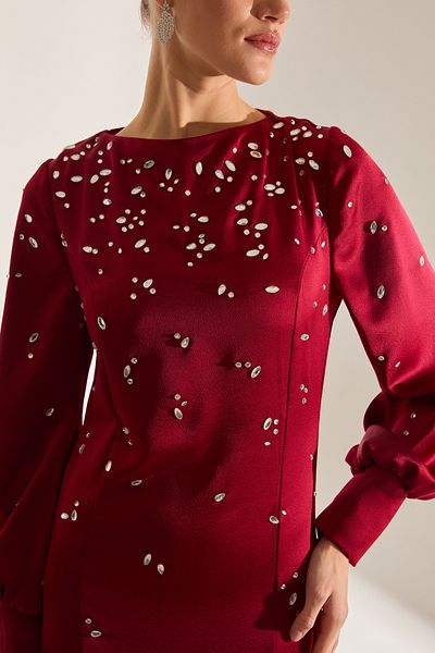 BETTY & SAM Maddie Midi Long Sleeve Dark Red Evening Gown