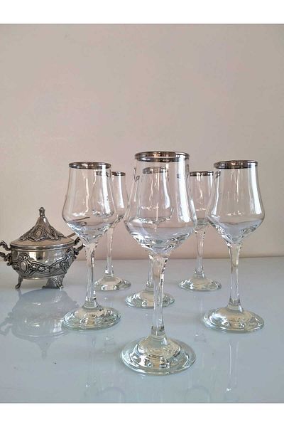 P H Panayır Home Silver Gilded Coffee Glass Water Cup Set with 6 Glass Dowry Pots
