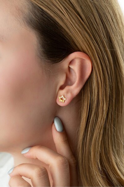 ESSARE 925 Ayar Gümüş Gold Çift Yıldız Minimal Küpe