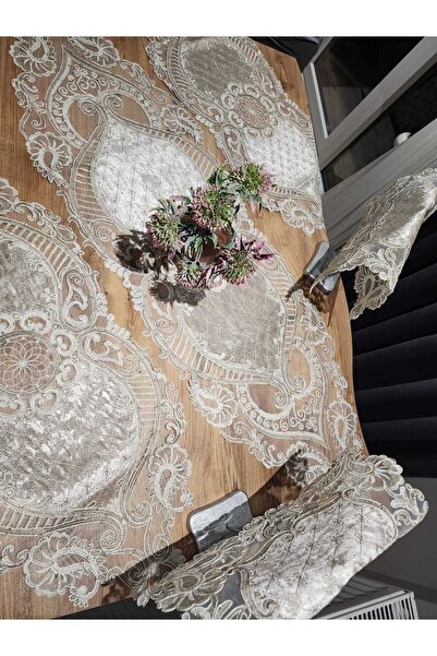 Tekstilife EV TEKSTİL SALON TAKIMI LÜX 5 Lİ SET BEJ [sütlü kahve] RUNNER-140X40 ŞÖMEN-90X40 PEÇETE 37X37