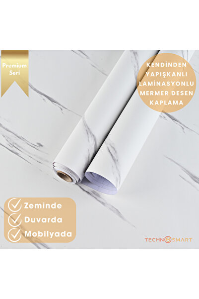 TechnoSmart 60×500cm Kendinden Yapışkanlı Mermer Görünümlü Premium Zemin Duva...