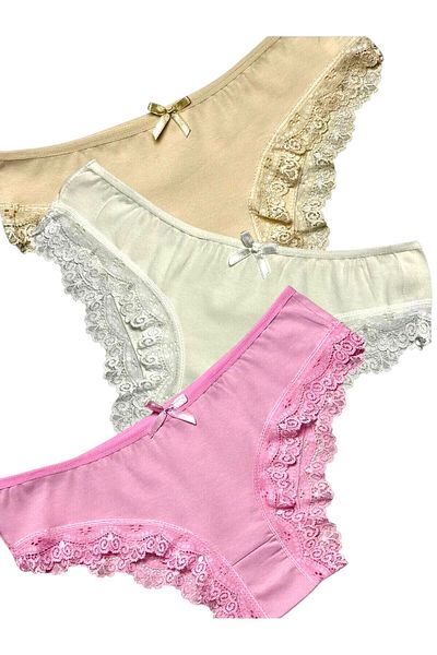 Gizli Butik Chiloți de bikini din bumbac cu dantelă, 3 piese, piele roz ecru