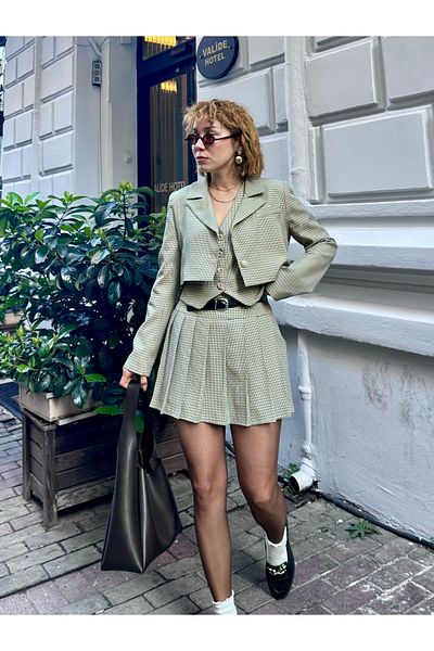 Bak'ap Beige Mini Plaid Vest and Padded Crop Blazer Jacket - Premium Lined 3-Piece Set