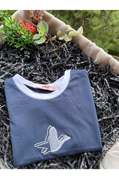 glowoow Tricou Crop pentru femei, albastru bleumarin, alb - decolteu, țevi, b...