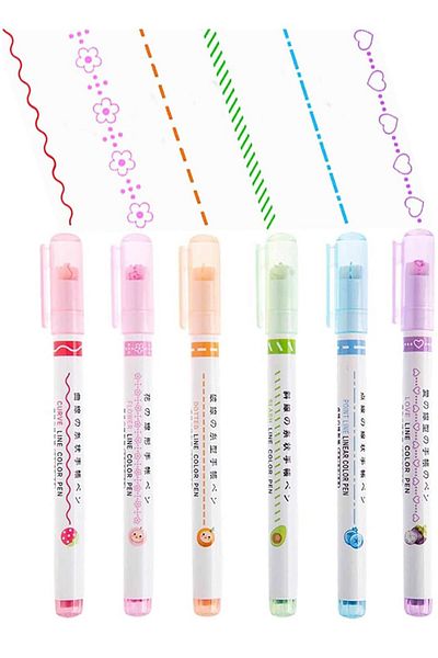 ARDSU 6Pcs Colorful Curve Highlighter Pen Set with 6 Different Curve Shapes