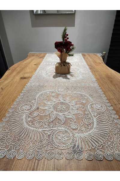 Tekstilife إيف تكستيل رانر لوكس كريم ذهبي فضي 120X40 دانتيل