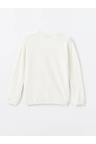 LC Waikiki Cardigan pentru fete LCW Kids Ecru cu decolteu cu flori brodate