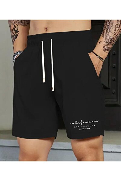 caddekombin Ανδρικό μαύρο σορτς με στάμπα Καλιφόρνιας με τσέπες και κορδόνια ...