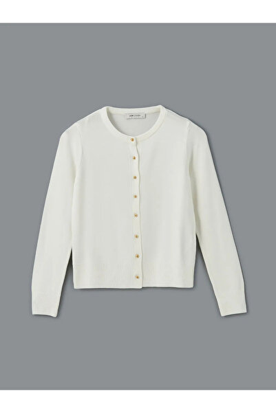 LC Waikiki LCW Vision Ecru Damen-Strickjacke mit Rundhalsausschnitt