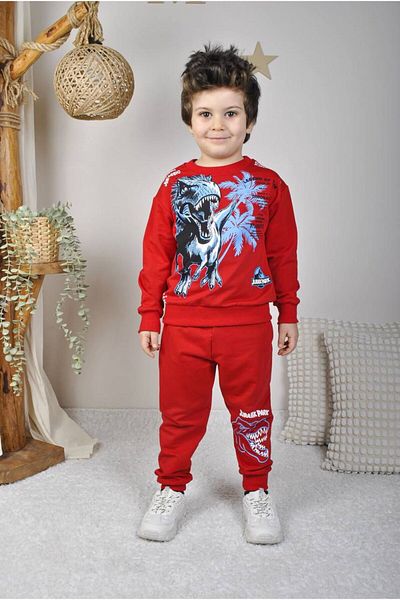 MUMİKİDS Boy's Dinosaur Print Bottom-Top Tracksuit Set