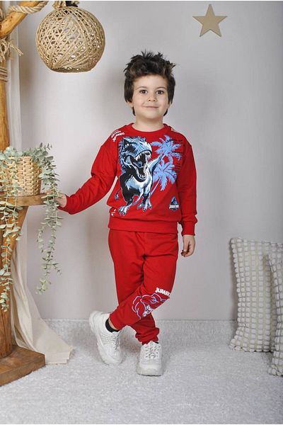MUMİKİDS Boy's Dinosaur Print Bottom-Top Tracksuit Set