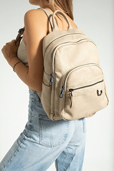 Çanta Trend Women's Cream Backpack Multi-Compartment Large Bag