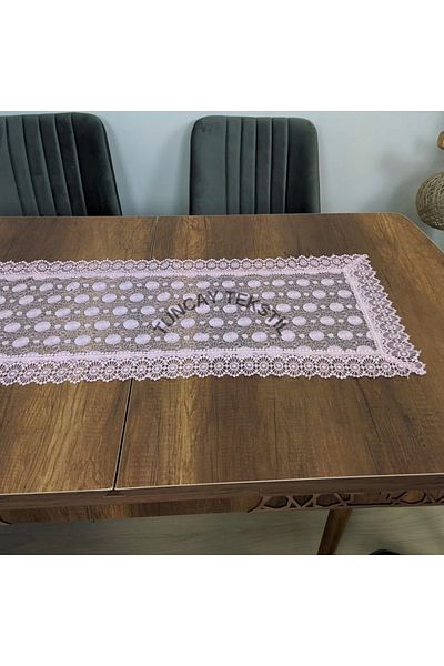 TUNCAY TEKSTİL Daisy Pattern Laced Polyester Runner Ranir Coffee Table Tablecloth French Guipure Cover Powder Pink