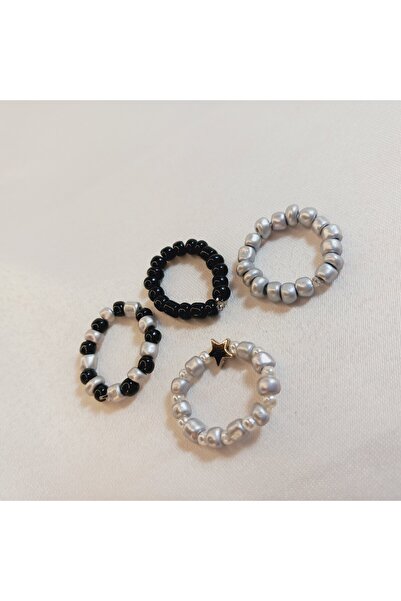 Crystal Atelier Star Motif Minimal Ring Sand Beads Elastic Ring Set Sand Beads Ring Set 4Pcs