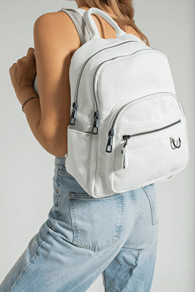 Çanta Trend Women's White Backpack Multi-Compartment Large Bag
