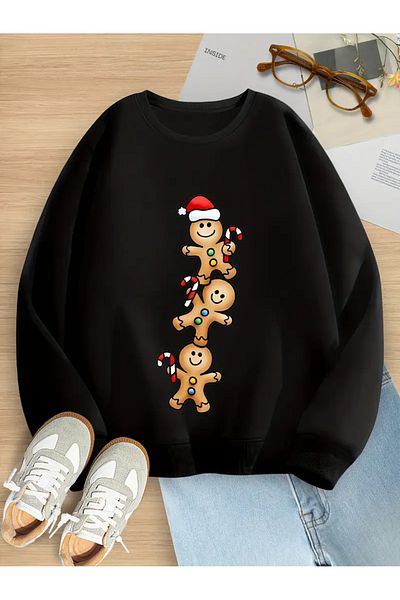 Pink Sky Christmas Three Small Printed Black Crew Neck Sweatshirt Oversize Unisex Thick Winter