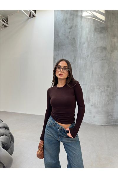 veres Γυναικεία Bitter Brown Βαμβακερή μακρυμάνικη λαιμόκοψη Basic μακριά μπλούζα