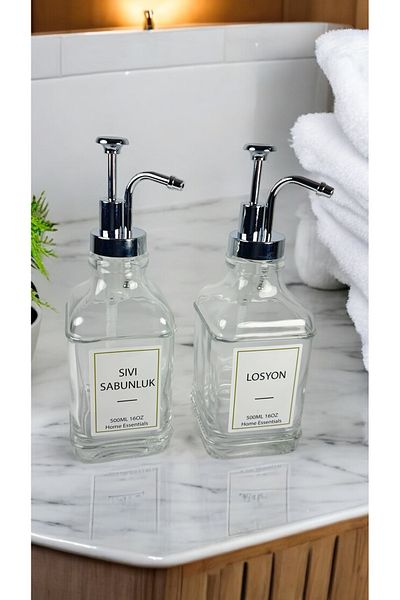 homsel Stylish and Modern Set of 2 Glass Liquid Soap Dispensers - Ideal for Kitchen and Bathroom