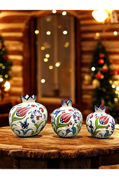 STORESZA El Yapımı Lale Desenli Mavi Çini Üçlü Nar Takımı