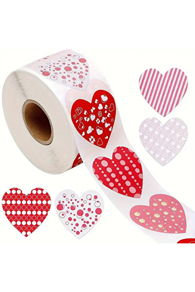 hdcw 500 ADET 2.5cm RULO YAPIŞKANLI DESENLİ KALP STICKER ETİKET HEDİYE PAKETLEME