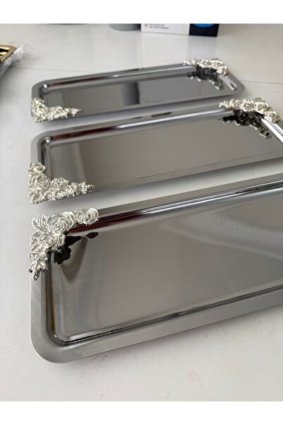 SEVA ÇELİK صينية عرض مستطيلة من الفولاذ مع 3 قطع من الملحقات الفضية المزدوجة