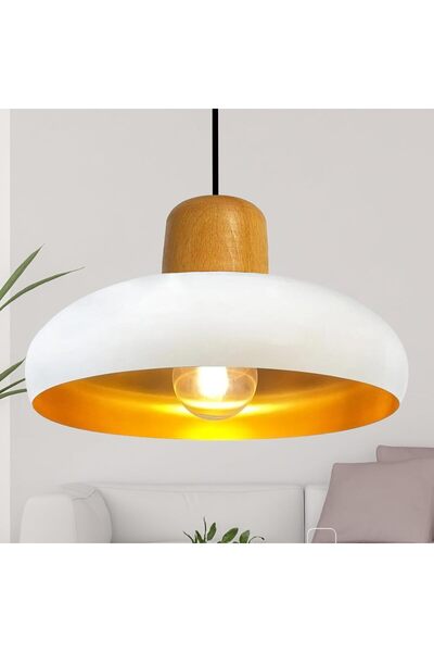 Bamyum Androa-Holz Hängelampe Esstisch Weiß Metall Ø40 cm, Pendelleuchte Esstisch