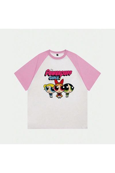 Gofeel Λευκό Unisex Pink Raglan PowerPuff Girl T-Shirt