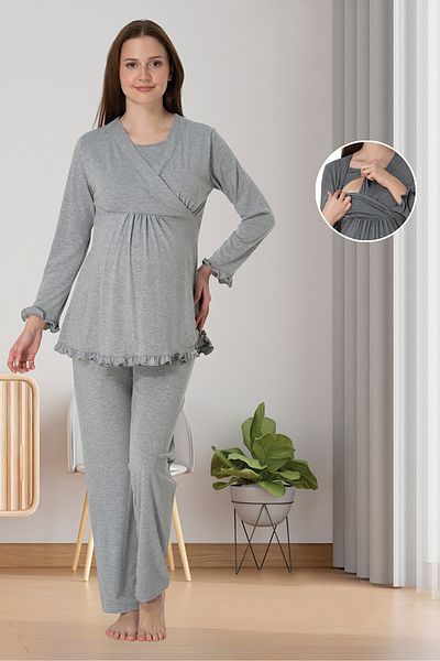 lohusahamile Gray Pregnant Maternity Pajamas with Effortt Secret Breastfeeding